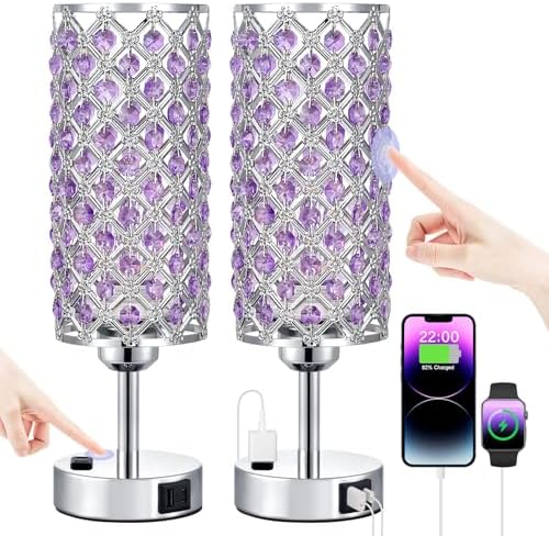 Hong-in Crystal Lamps Set of 2, 3 Way Dimmable Touch Lamp with Crystal Shade, Bedside Nightstand Lamps for Living Room Bedroom Home Office(Purple)