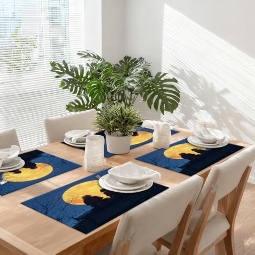 Romantic Evening Full Moon Placemats, Moment Nighttime View Place Mats for Dining/Kitchen Table Waterproof Washable Linen Heat Insulation Dinner Table Mats 12X18 in 8 Pcs