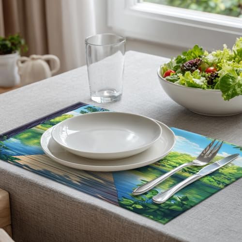 Batmerry Retreat Wooden Structure Linen Placemats Set of 6, Forest Setting Water Body Washable Table Mats for Kitchen Table Thickened Heat Insulation Dining Set Indoor Outdoor 12X18 in