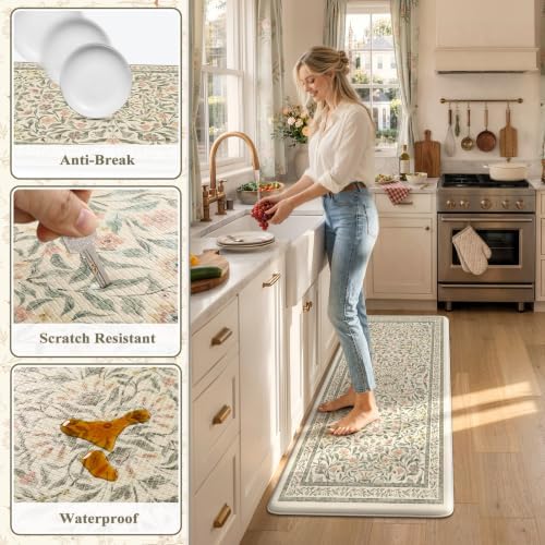 KIMODE Anti Fatigue Kitchen Mats for Floor, Boho Floral Kitchen Runner Rug 24"x59", Paded Kitchen Floor Mats, Waterproof Laundry Room Rug, Bath Mat for Sink Home Decor, Beige Office Standing Desk Mat