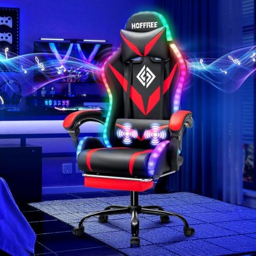 HOFFREE LED Gaming Chair with Speakers RGB Lights Computer Chairs-Red
