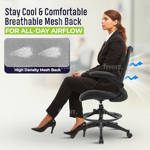 OfficeFactor Drafting Chair Tall Office Chair, 300 lb Capacity Standing Desk Chair, Adjustable & Ergonomic Desk Chair, Flip-Up Armrests, Mesh Back, Comfortable Leather (Black)