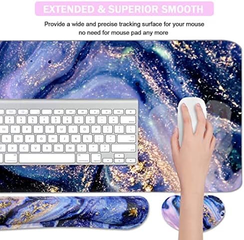 4-in-1 Large Gaming Mouse Pad, Keyboard Wrist Rest Pad & Wrist Support Mousepad Set, Extended Desk Pad Waterproof Desk Mat for Home Office Study Game - Purple Marble