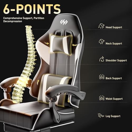 HLDIRECT Gaming Chair with Footrest, Lumbar Support & Headrest, Black&White
