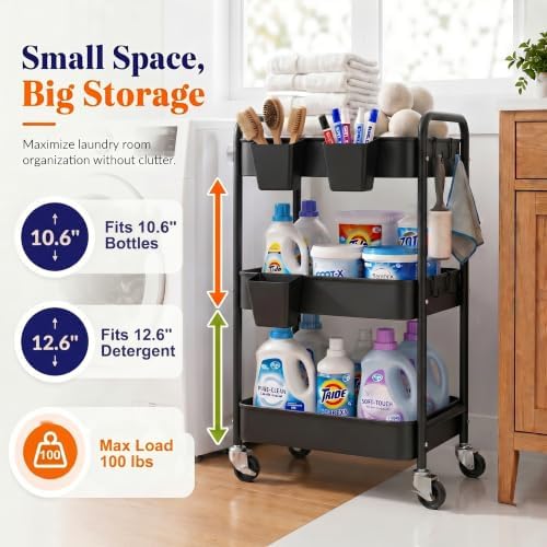 3 Tier Rolling Cart Metal with Wheels,Black Three Tiered Dorm Storage Carts