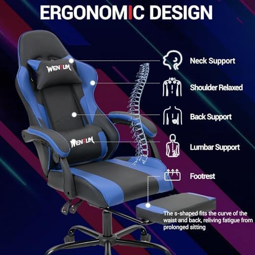 Gaming Chair with Footrest for Adults, PU Leather Massage Racing Video Game Chair with Lumbar Support for Men Women, Ergonomic Computer Gamer Chair for Home Office, Height Adjustable, Blue