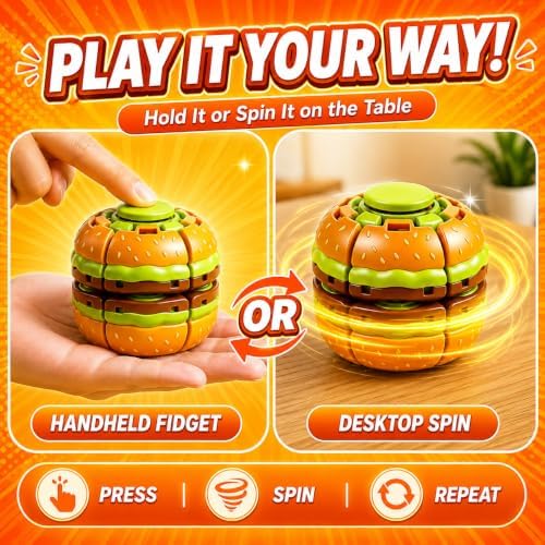 2 Pack Hamburger Fidget Spinner Balls, Press-to-Spin Mechanical Sensory Fidget Toys, Handheld Stress Relief Desk Toy