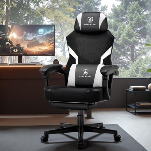GTPLAYER Gaming Chair, Mesh Office Chairs with Footrest for Adults, Big and Tall Gamer Ergonomic Computer Chair with Height Adjustable (White)