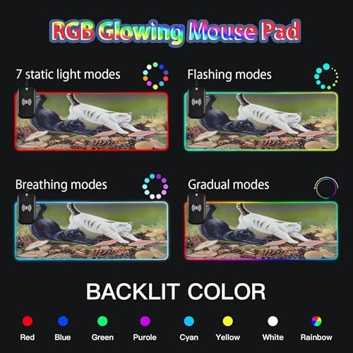 15W Wireless Charging Mouse Pad for Desk Cat Stretching RGB Gaming Mouse Pad Mat with 14 Light Modes & Non-Slip Rubber Base Smooth Surface for Gaming PC Laptop
