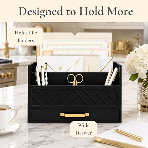 BLU MONACO | Wooden Mail Organizer with Drawer and Gold Handle | Mail Sorter Organizer Countertop for Desk | Outgoing Mail Holder and Letter Sorter for Desk Storage