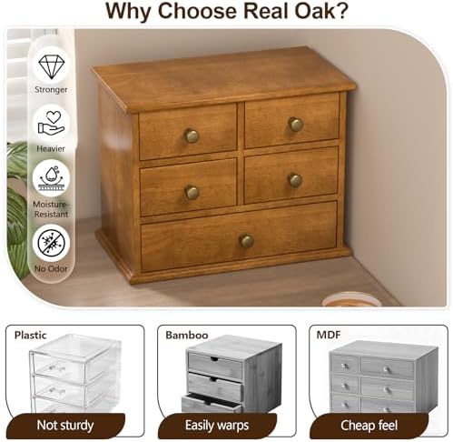 Oak Desk Organizer with Drawers, Durable Wooden Desktop Storage Box