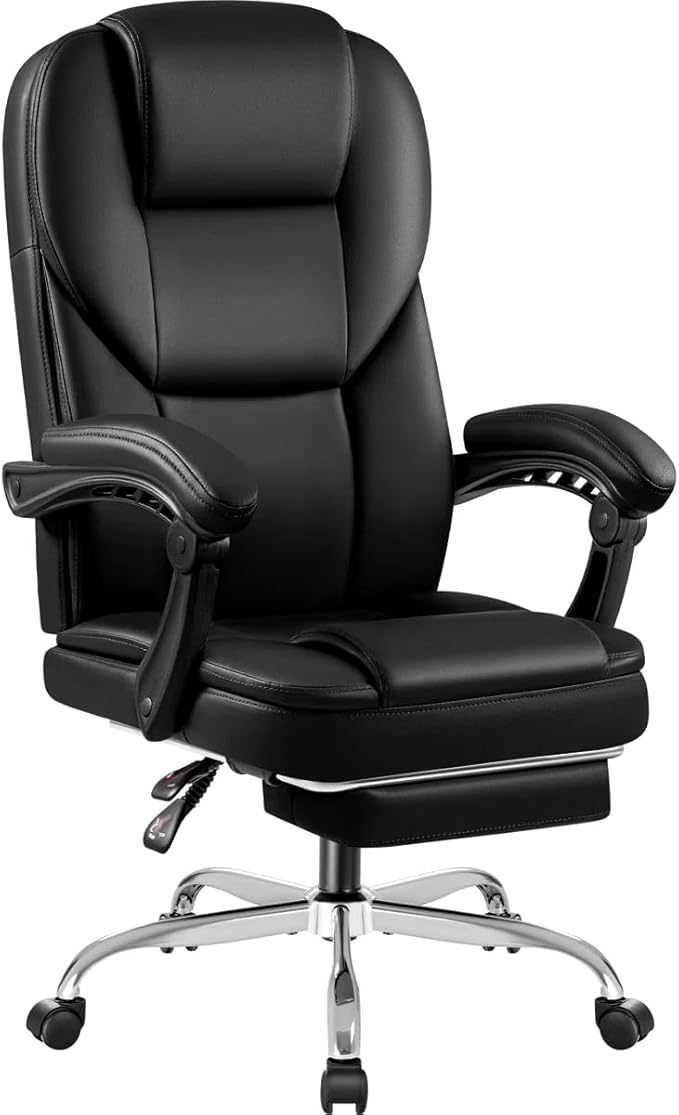 Shahoo Executive Office Chair with Massage, Ergonomic Reclining High Back Leather Seats with Footrest and Lumbar Support, Big and Tall, 400Lbs Heavy Duty, Dark Black