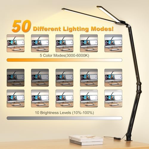 LED Desk Lamp for Office Home, 31.5" Architect Desk Light with Clamp Dual Screen Computer Monitor, 15W 5 Color X 10 Brightness Levels Desk Lamp for Reading, Study, 1000LM Bright, Memory Function