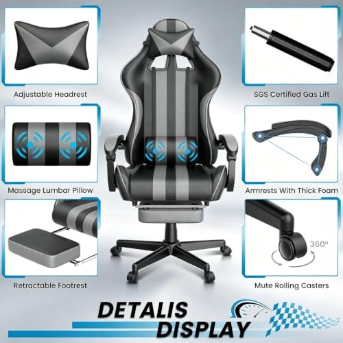 Ferghana Grey Gaming Chair, Ergonomic Racing Style Computer Chair with Footrest, Adjustable Reclining, Lumbar and Head Support, PU Leather Gamer Chair