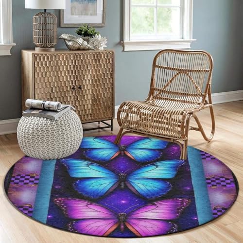 Women's Large Home Decor Mat, Soft Round Yoga Carpet, Non Slip Machine Washable Home Office Circle Rug Purple Butterfly