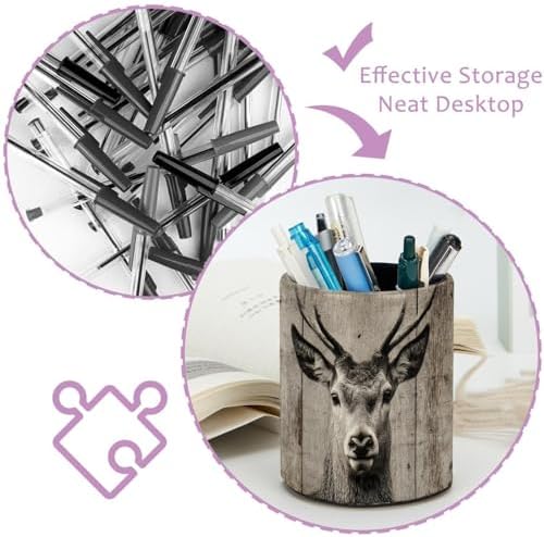 Leather Pen Holder for Desk, Ancient Wooden Wall Deer Pencil Cup Pen Organizer Makeup Brush Holder for Office Home Kids Countertop Desk Accessory Storage