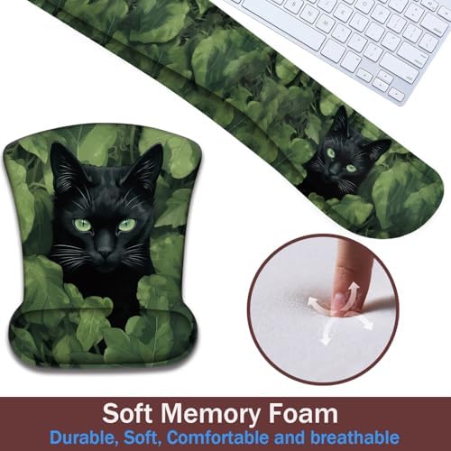 Keyboard Wrist Rest and Mouse Pad Wrist Support with Lace-Shaped Coaster Set, Ergonomic Gel Memory Foam and Anti-Slip Base, Easy Typing and Pain Relief - Black Cat
