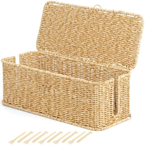Cable Management Box, Cord Organizer with Lid & Cable Ties - Natural,L