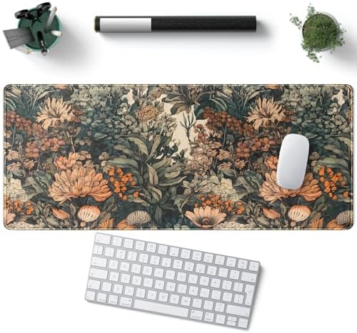 Flower Vintage Desk Pad Aesthetic Desk Mat Flower Mouse Pad Computer Big Mousepad Non-Slip Base Gaming Keyboard Giant Mouse Pad Computer Mat for Laptop Office with Stitched Eges 31.5x11.8 in