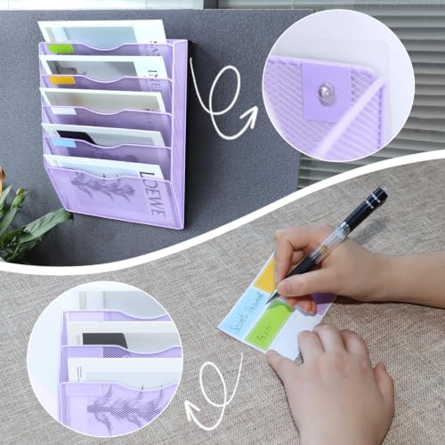 5 Pockets Mesh Wall File Holder Organizer Office Hanging File Folder Magazine Rack, Nametag Label Hooks Set Included (Purple)