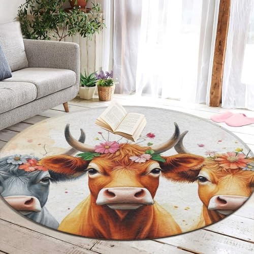 Large Home Decor Mat, Soft Round Yoga Carpet, Non Slip Machine Washable Kitchen Office Circle Rug Cute Highland Cow Family