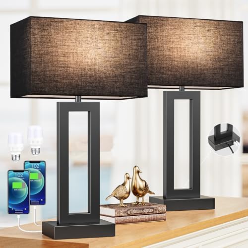 Seealle 22" Tall Living Room Lamps for Night Stands - Touch Bedside Lamp with USB C+A, 3 Way Dimmable Bedroom Lamps for End Tables Set of 2, Modern Night Stand Lamps for Bed Side(Black&Black)