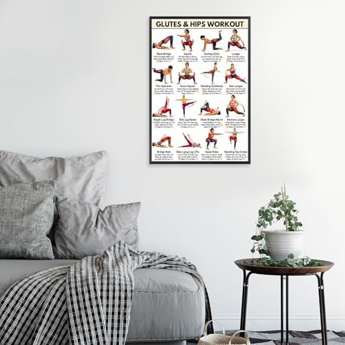 Glutes & Hips Workout Exercise Poster, 16 Illustrated Lower Body Training Moves Chart with Rep Ranges, Bodyweight Butt & Hip Tutor Guide for Home Gym Beginner Fitness Training and Glute Sculpting Reference(12x18inchs，Black Framed)
