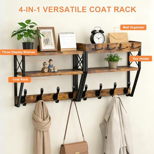 Upgraded 3-Tier Large Coat Rack Wall Mount with Shelf