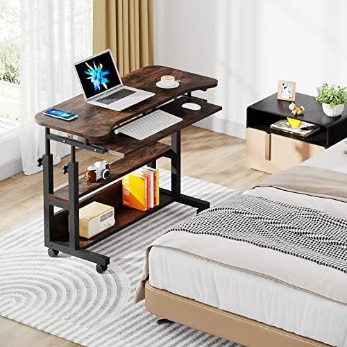 Tribesigns Portable Desk with Power Outlets, Height Adjustable Side Table Sofa Couch Bedside Laptop Computer Cart with USB Charging Ports, Mobile Small Standing Desk with Keyboard Tray