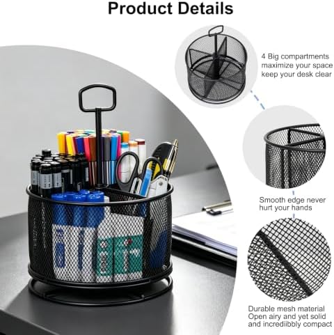 360 Degree Rotating Pen Holder for Desk (Black, with Handle)