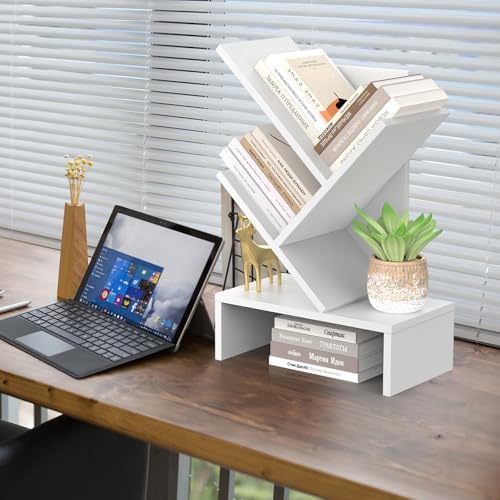 Godferyxin Small Bookshelf,4-Tier Bookshelf with Drawers,White Bookshelf