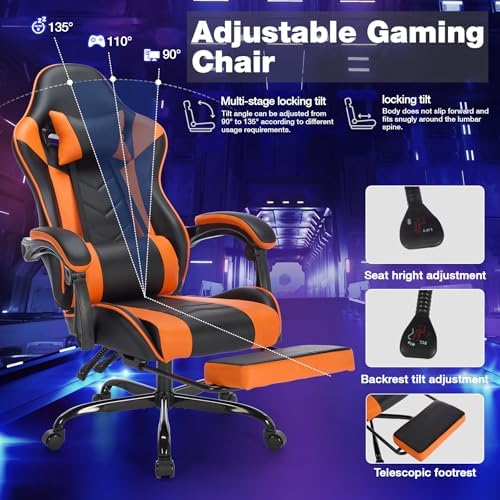 Ergonomic Gaming Chair for Adults with Footrest and Massage