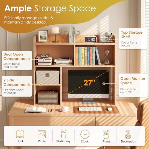SUPER DEAL Desktop Bookshelf, Countertop Storage Hutch with 3 Shelves for Computer Desk, 2-Tier Display Rack, Multipurpose Wood Desk Hutch Storage Organizer for Home Office Dorm, Natural