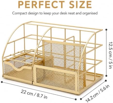Exerz Desk Organizer Metal Mesh 7 Compartments Office Tidy Caddy Gold