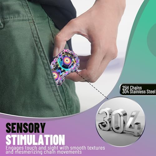 Metal Fidget Spinner Toys for Teens Boys Adults Bike Chain Roller Gadgets ADHD Figette Anxiety Stress Relief Items Quiet Figet Desk Offices EDC Men Easter Basket Stuffer - Rainbow+Color