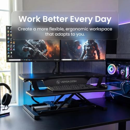VERSADESK PowerPro 40 Inch Electric Standing Desk Converter – Push-Button Height Adjustable Sit to Stand Desk Riser for Triple Monitors & Laptop – Motorized Desktop Workstation with Wide Keyboard Tray