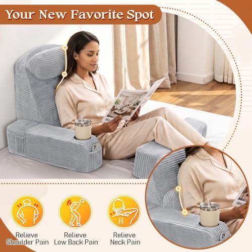 Reading Pillow/Backrest Pillow with Arms, Cup Holder & Phone Pocket