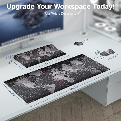 Ospelelf Ergonomic Mouse Pad and Keyboard Stand Wrist Rest Pad Set with Large Mousepad, Memory Foam Comfort, Premium Office Desk Accessories for Pain Relief and Efficiency, Black Map