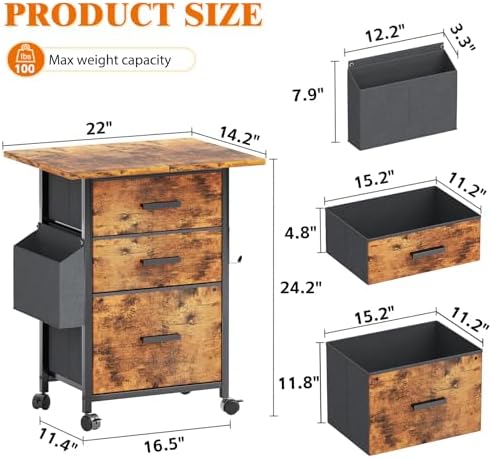 Mexin 3 Drawer File Cabinet with 22'' Extended Desktop, Mobile Filing Cabinet, Printer Stand, Rolling Printer Stand with Side Bag, Fabric Drawer, Fits A4 Size, Home Office,Rustic Brown