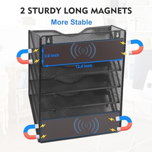 EASEPRES Magnetic 5 Pocket Mesh Hanging File Organizer, Wall Mounted Mail Paper Document Folder Holder, Clipboard Storage Organization Magazine Rack with Nametag Label for Office Home School, Black