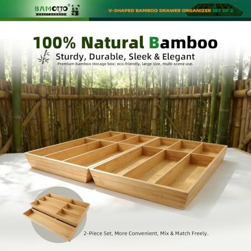 BAMOTTO CRAFTBAMBOO 13 Slot V-Shaped Bamboo Drawer Organizer Set of 2