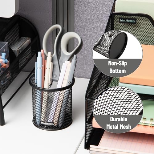 Mind Reader Pen and Accessories Holder, Desktop Organizer, Office, Metal Mesh, 3.5"L x 3.5"W x 3.75"H, Set of 3, Black