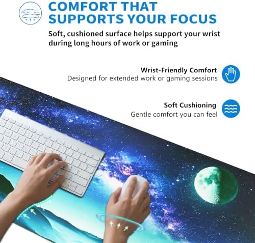 Extended Galaxy Full Moon Desk Mat, XXL Large Gaming Mouse Pad, Moon Starry Sky Stitched Edges Waterproof with Non-Slip Rubber Base for Computer Keyboard Laptop Work Home Office 35.4"x15.7"