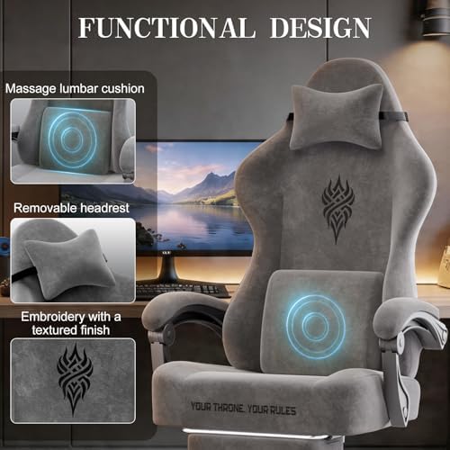 Ferghana Velvet Gaming Chair, 20.5 Inch Extra Wide Seat, Fire Embroidery Ergonomic High Back Computer Chair with Footrest, Massage Lumbar Support Reclining Gaming Chair for Adults, Grey