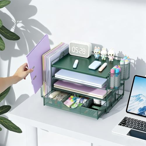 gianotter Desk Organizers and Accessories with File Holder, 4-Tier Desk Accessories & Workspace Organizers with Drawer and 2 Pen Holder, Desk Reference Organizer (Green, 4T with Metal Drawer)