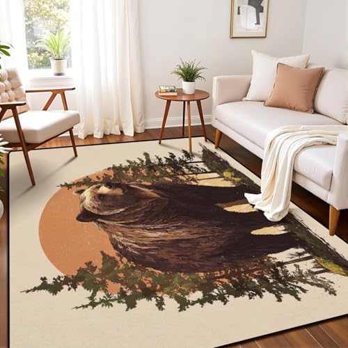 Serene Bear Standing Tall Pine Forest Warm Earth Tones Area Rug Outdoor Patio Rug Play Mat Modern Floor Carpet Non-Slip Home Decor Living Room Kids Bedroom Nursery, 6x9 ft