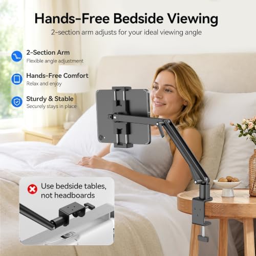 iPad Desk Mount Holder, Sturdy Aluminum Arm with C-Clamp for Desk & Bedside