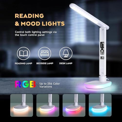 AYI 5IN1 Multifunctional LED Desk Lamp15W Qi Wireless Charger Digital Alarm Clock Ambient Light & Temperature Display Adjustable Eye-Care Table Lamp with Leather Texture Design Table Lamp-U20 White