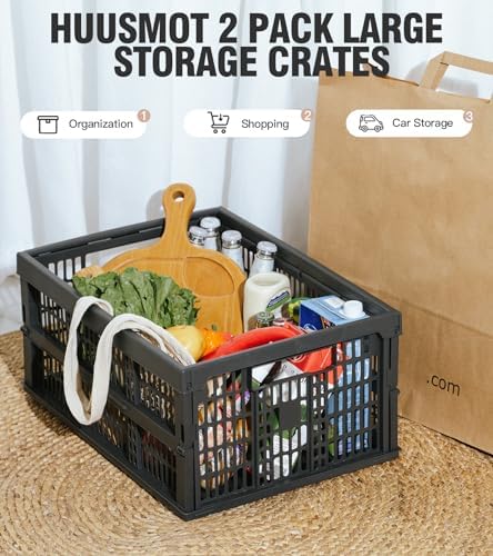 HUUSMOT 2-Pack Collapsible Plastic Storage Baskets, Dark Grey, 19"x13"x9"