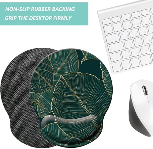 Mouse Pad with Wrist Support, Ergonomic Mouse Pad with Memory Foam Wrist Rest Cushion, Non-Slip Rubber Base Gaming Mice Pad for Home Office Computer Laptop, Green Leaves